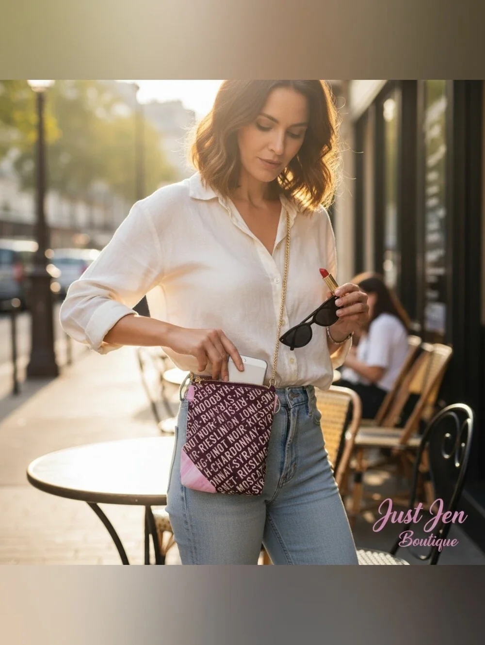 Wine Lover Crossbody Cell Phone Bag 3 Compartment Small Purse Gold Chain